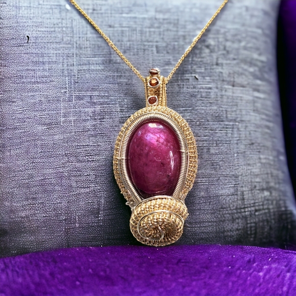 Handmade large ruby sterling silver and 14k gold filled necklace - Picture 4 of 7